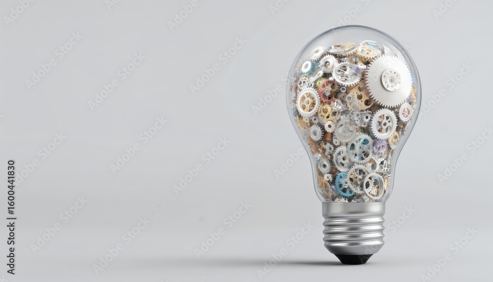 Poster light bulb packed with colorful gears innovation, creativity. mechanical elements within glass bulb 