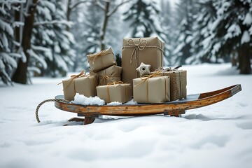 Christmas sleigh filled with gifts in a snowy forest