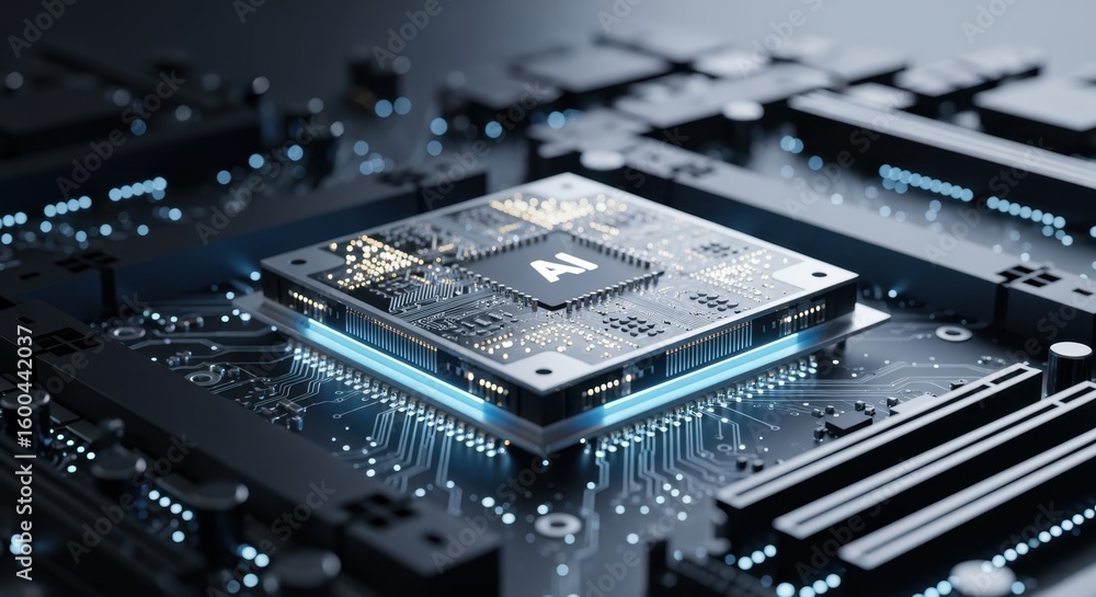 Aufkleber hightech artificial intelligence hardware component resting on sleek digital motherboard.