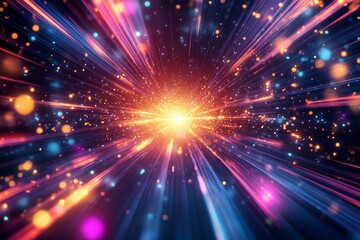 Naklejka premium Explosive burst of colorful light trails and glowing particles in dynamic motion