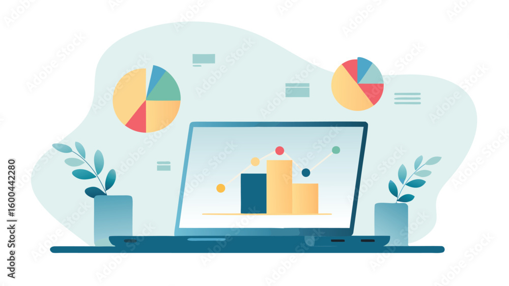 Poster laptop displaying charts with pie charts and bar graphs on a light background illustration style