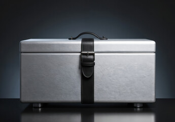 Sleek silver metal safe box featuring black leather strap with buckle, handle. Modern design, secure storage, travel case. Ideal for business, data security, luxury goods transport. Robust
