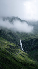 Misty mountains with distant waterfall create serene landscape