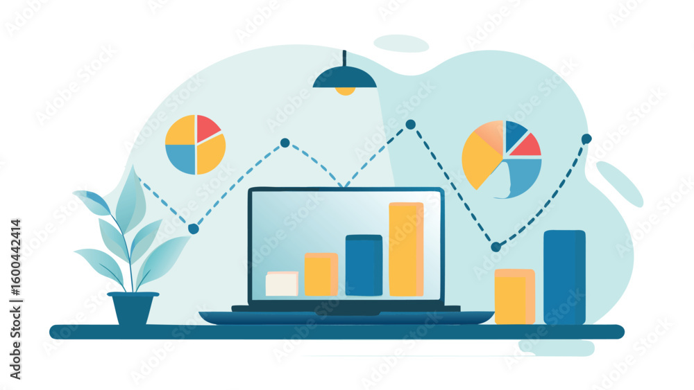 Poster illustration of a laptop displaying a bar graph with pie charts and a plant on the desk surface