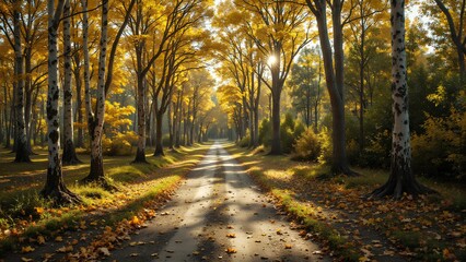 Fototapeta premium A sunlit forest path lined with tall birch trees featuring golden autumn leaves and scattered foliage on the ground.