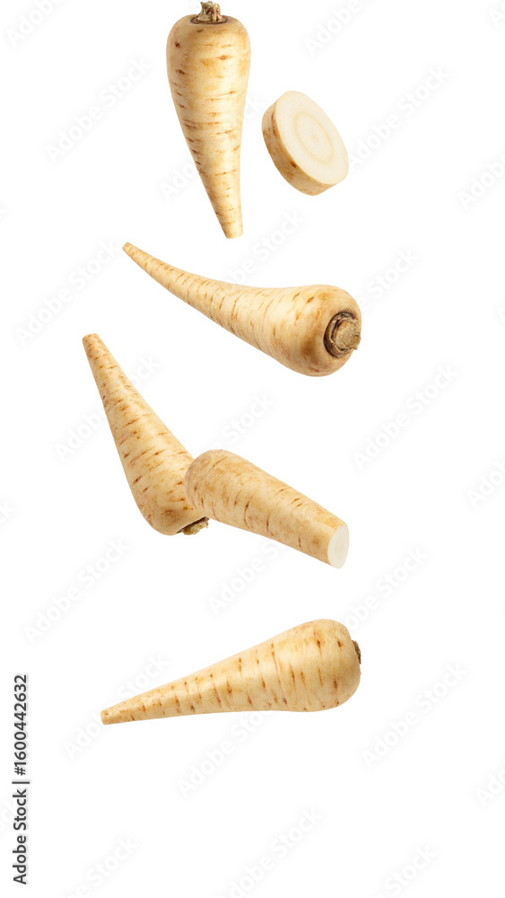 Poster fresh parsnip roots and slices falling on transparent background, ideal for healthy food and vegan r