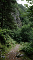 Forest path leads through lush greenery towards distant waterfall