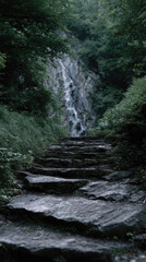 Fototapeta premium Stone path leading to distant waterfall in lush forest setting