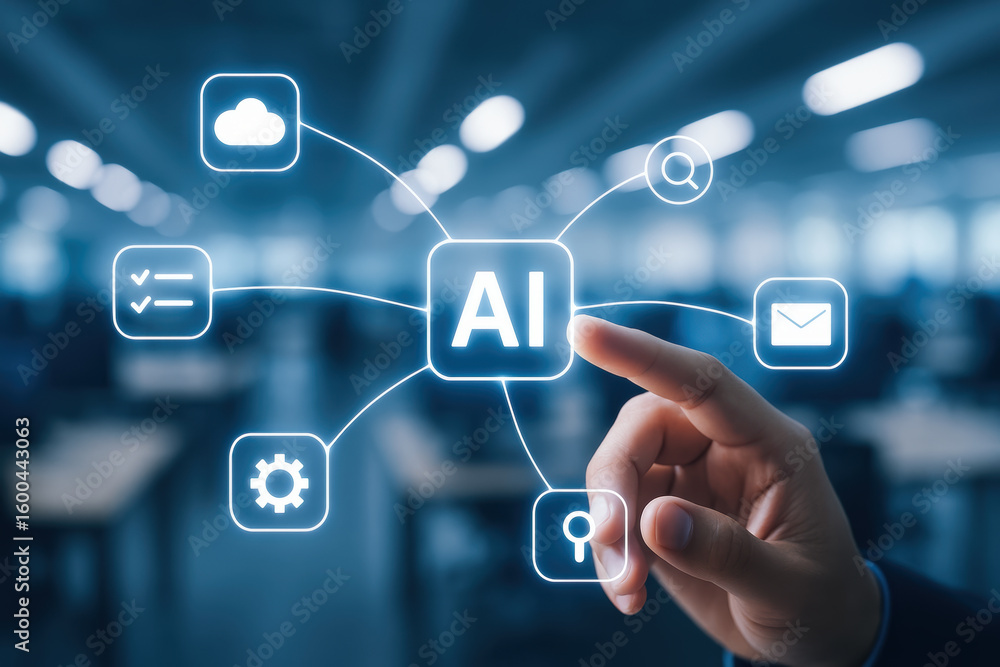 Poster artificial intelligence concept with hand pointing at ai icon connected to cloud, task, search, and 