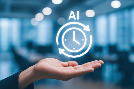 Artificial intelligence concept with clock and arrows above hand symbolizing automatic task management and time efficiency in business