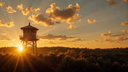 A wooden watchtower stands tall among trees at sunset, with golden clouds and sun rays creating a warm, serene atmosphere.