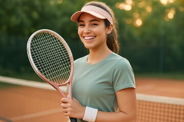 Smiling young woman holding tennis racket on court at sunset.