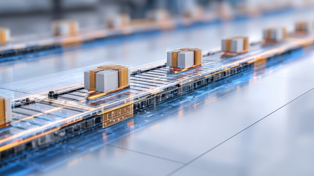 Packages moving on conveyor belt in smart factory with augmented reality