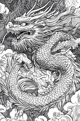 Intricate illustration of a fierce dragon amidst swirling clouds and mystical elements