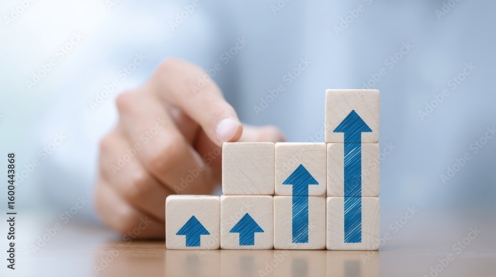 Poster a person is pointing at a stack of wooden blocks with blue arrows on them