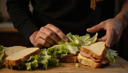 Man making sandwich with fresh lettuce on bread. Close-up of hands assembling lunch. Healthy homemade meal preparation on kitchen counter. Delicious snack for nourishment and diet.