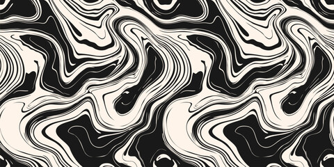 Vector seamless pattern with fluid organic shapes, liquid lines. Abstract ink stain texture, marble surface. Groovy background with waves, paint, swirl, distorted surface. Black and white geo design