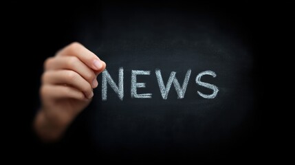 A hand is writing the word news on a chalkboard