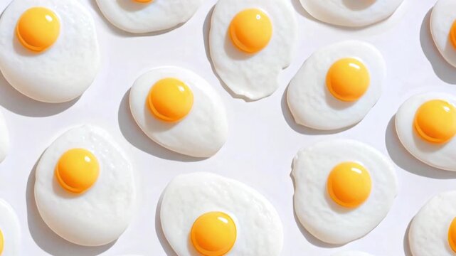 Sunny Side Up Eggs Arranged In Pattern On White Background For Breakfast Food Styling Concepts, Creative Culinary Visuals, Minimal Cooking Trends, And Modern Nutrition Content