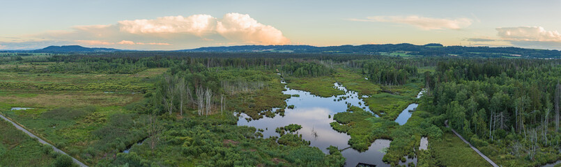 Panoramic aerial view of the Pfrunger-Burgweiler Ried nature reserve in Baden-Württemberg, Germany