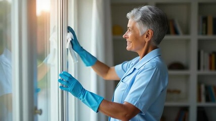 Older female cleaner is wiping a window with a cloth, emphasizing her commitment to cleanliness and creating a welcoming atmosphere in the home