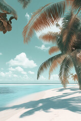 Serene tropical beach with palm trees swaying gently under a bright blue sky and soft clouds