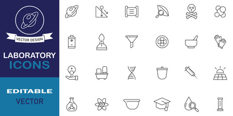 Laboratory icon set. Set of 24 icons related to research, science, scientist, periodic table, chemical, biology and more outline symbol. Laboratory line editable icons. Vector illustration.