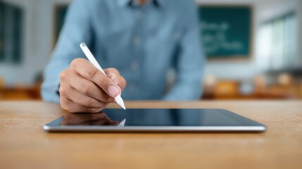 A man is writing on a tablet with a pen