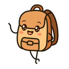 Vector icon of a cute kawaii backpack in pastel color with a cartoon smiling face. Perfect for school, children, education, travel, and stationery-themed design in Asian style