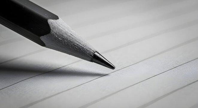 Close up of a sharpened pencil tip poised over lined paper ready to write