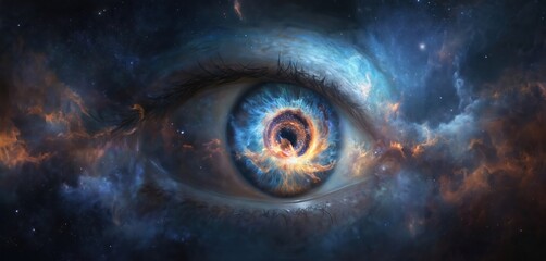 Cosmic eye illustration featuring galaxy within iris, representing universal vision, inner enlightenment. Blue, orange nebulas surround eye, with stars scattered across dark expanse. Divine,