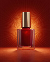 Luxurious red nail polish bottle stands elegantly against radiant background, showcasing its glossy finish and sophisticated design. golden cap adds touch of glamour, making it perfect accessory
