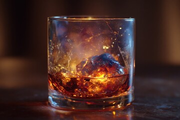 Glass of amber liquid with ice, glowing