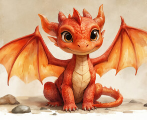 Adorable baby dragon illustration in watercolor style. Charming red dragon with big eyes, orange wings sits on rocky ground. Scales, claws, small horns add detail to cute, friendly fantasy creature.