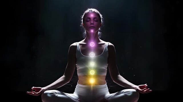 Woman meditating with a seven chakras light in black background Seamless Looping