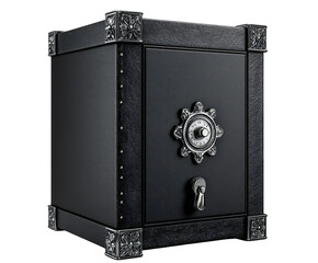 Intricate black safe with ornate detailing, protective storage solution with vintage dial and keyhole on transparent background