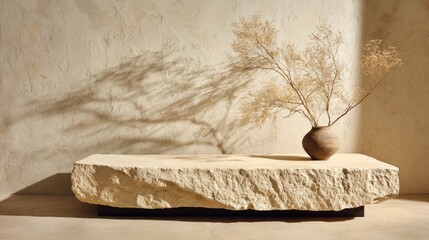 Beige Stone Table with Dried Flower Arrangement in Sunlight