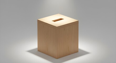 Simple wooden donation box with a slot on top against a neutral background