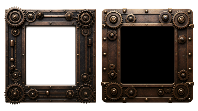 Intricate steampunk metal frames with gears and rivets offer a unique vintage aesthetic for creative projects generative ai