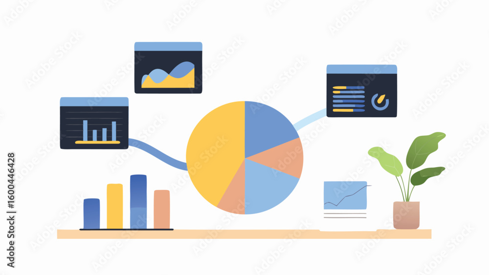 Poster visualization of business data with pie chart and bar graphs on a shelf with a plant pot nearby