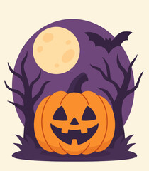 spooky pumpkin and haunted tree Halloween illustration. a vector illustration featuring a spooky Halloween night with a carved pumpkin and a haunted tree in flat style 
