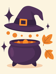 witch hat and candy vector halloween composition. flat vector design of a witch hat surrounded by halloween candies and autumn leaves. bright and playful illustration ideal for promotions