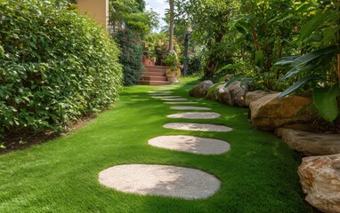 Garden path with round stone steps on vibrant artificial grass