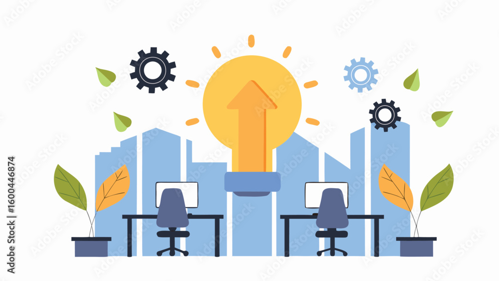 Aufkleber illustration of an office space with desks computers and a large lightbulb symbolizing ideas