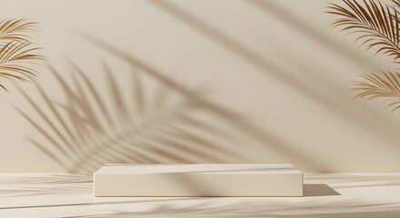 Minimalist beige podium with natural palm leaf shadows and soft sunlight for product display