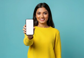young woman holding a mobile phone, Young Indian woman presents blank smartphone screen. Happy girl shows device with empty display. Modern tech, app, design, advertising concept. Female holds mobile 