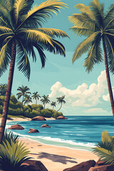 Serene tropical beach scene with palm trees, gentle waves, and distant clouds under a bright sky