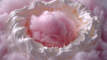 Pink cotton candy nestles in white whipped cream