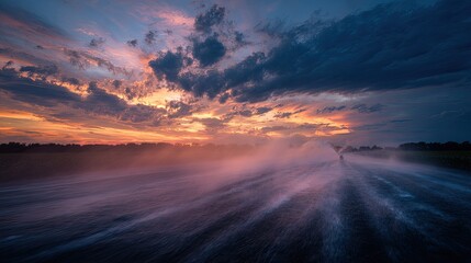 Dramatic sunset over a wet road