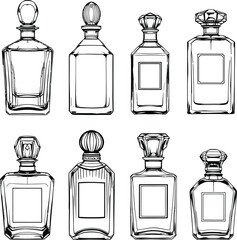 Black-and-White Vector Illustration of Perfume Bottle Collection – 8-Item Fragrance Silhouette Grid